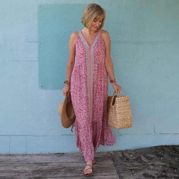 J Jill Women Floral Paisley Lined Rayon Maxi Dress Sz L Prairie Country Coastal - Picture 2 of 10